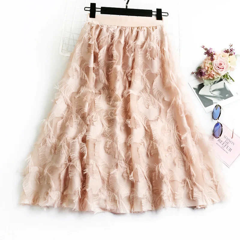 

2022 Korean Woman Skirts High Waist Feather Chiffon Skirts Women A-Line Skirts Sweet Kawaii Chic Skirt Mujer Faldas Femme Jupes