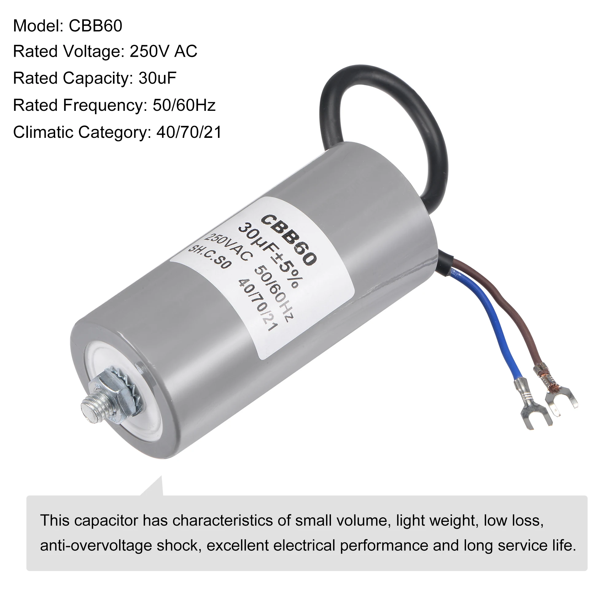 Uxcell CBB60 Kapasitor Lari 30UF 250V AC 2 Kabel 96X46Mm dengan Terminal Kancing Penguat M8