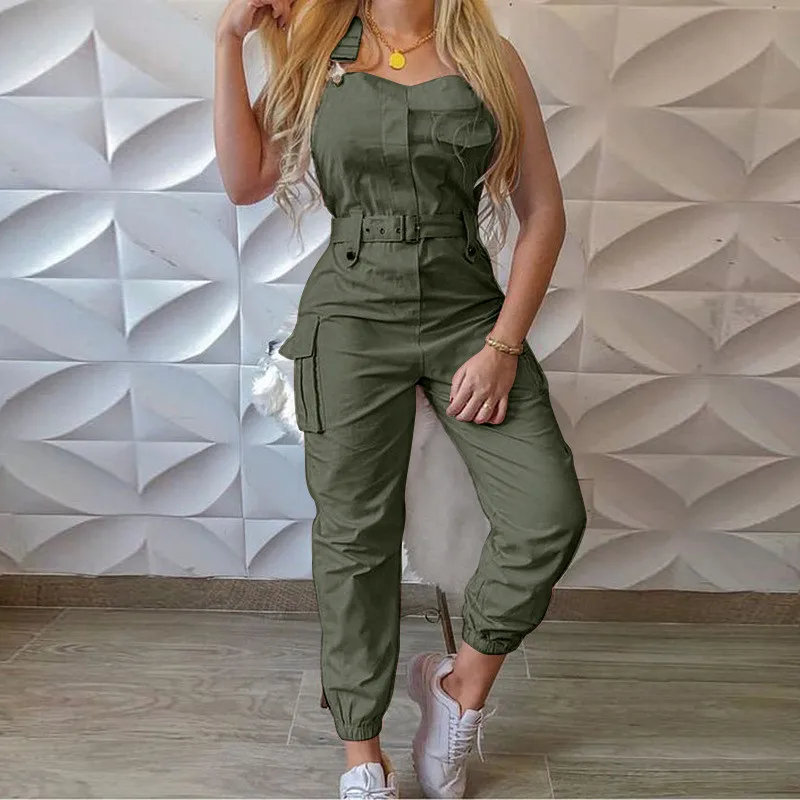 

Women Jumpsuits Solid Fashion Casual Style Romper Cargo Pants Ladies Sleeveless Straps Belted Overalls With Pockets Female S-3XL