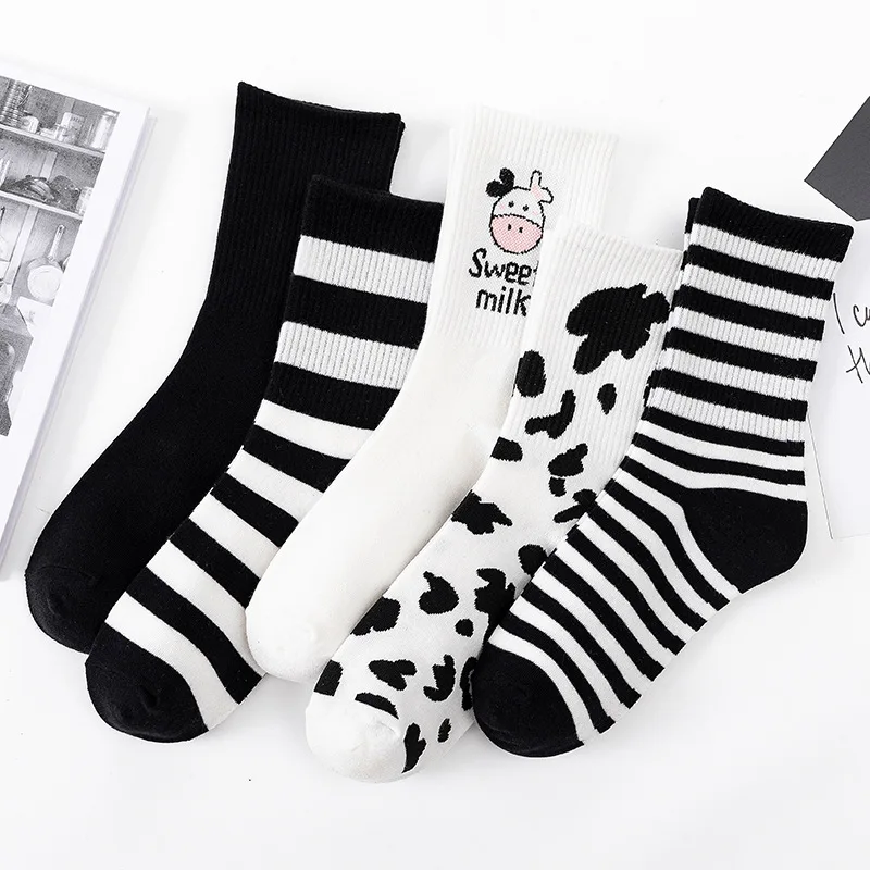 Spring And Summer Striped Socks Funny Cow Print White Cartoon Calcitonin Comfortable Harajuku’s Animal Stall Cute Happy Socks