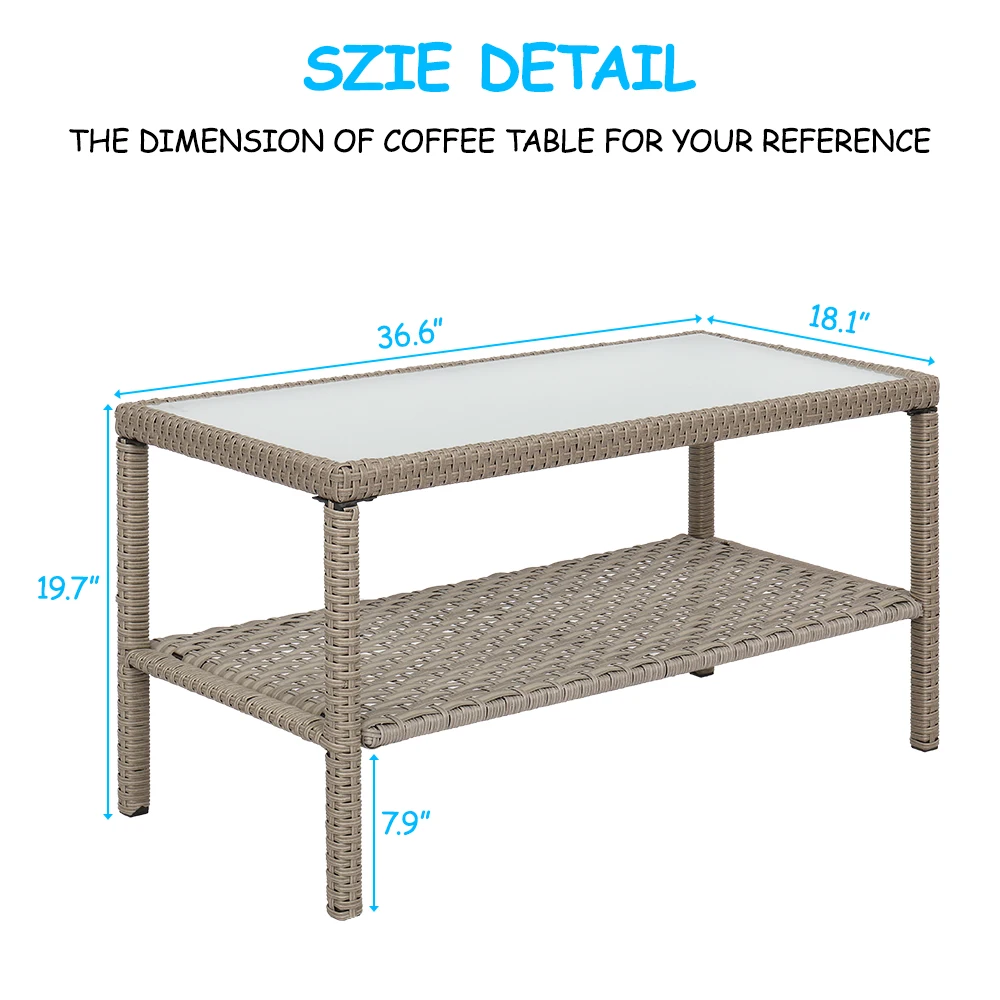 4Pcs Patio Outdoor Furniture Suit 1 Double 2 Single Sofa  1 Double Coffee Table Wide Rattan Double Contiguous Rattan Gray