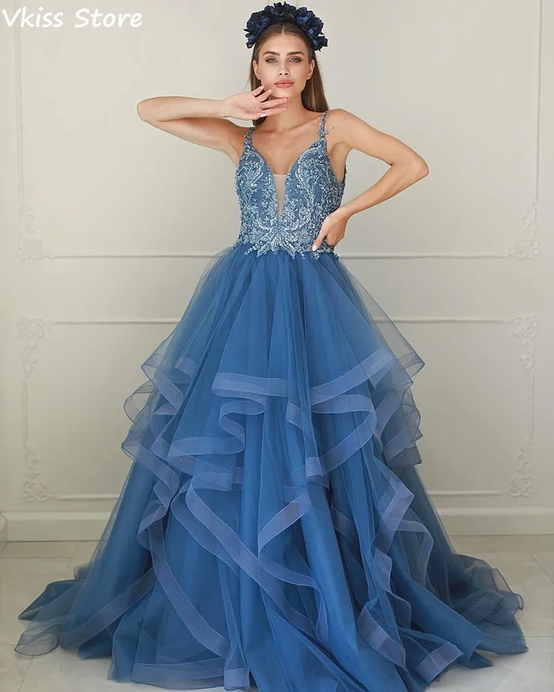 Blue Evening Dress 2020 A-line Spaghetti Strap Bead Sequin V-neck Ruffel Floor Length Backless Prom Dresses платья знаменитостей