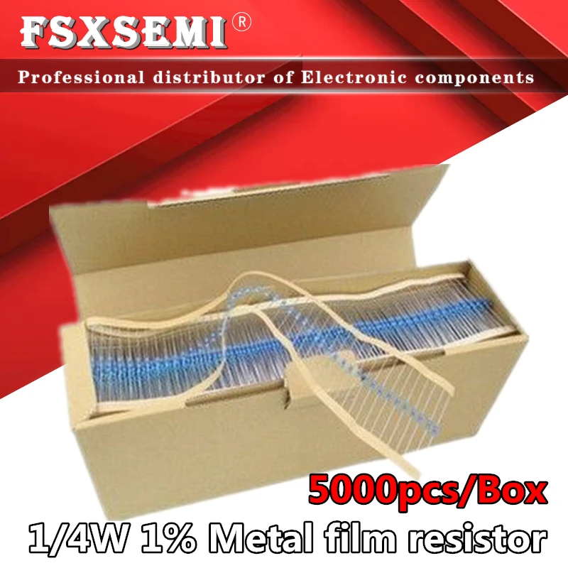 5000pcs/lot 1/4W 1% Metal film resistor 1R~1M 100R 220R 330R 1K 1.5K 2.2K 3.3K 4.7K 10K 22K 47K 100K 100 220 330 2K2 3K3 4K7 ohm