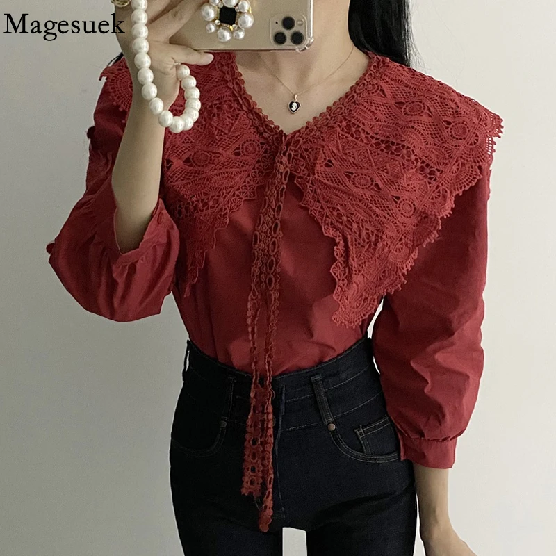 Korean Embroidery Lace Stitching Blouse Women Autumn Hollow Out Big Lapel Lantern Sleeve Loose Shirt Sweet Lace-up Tops 17579