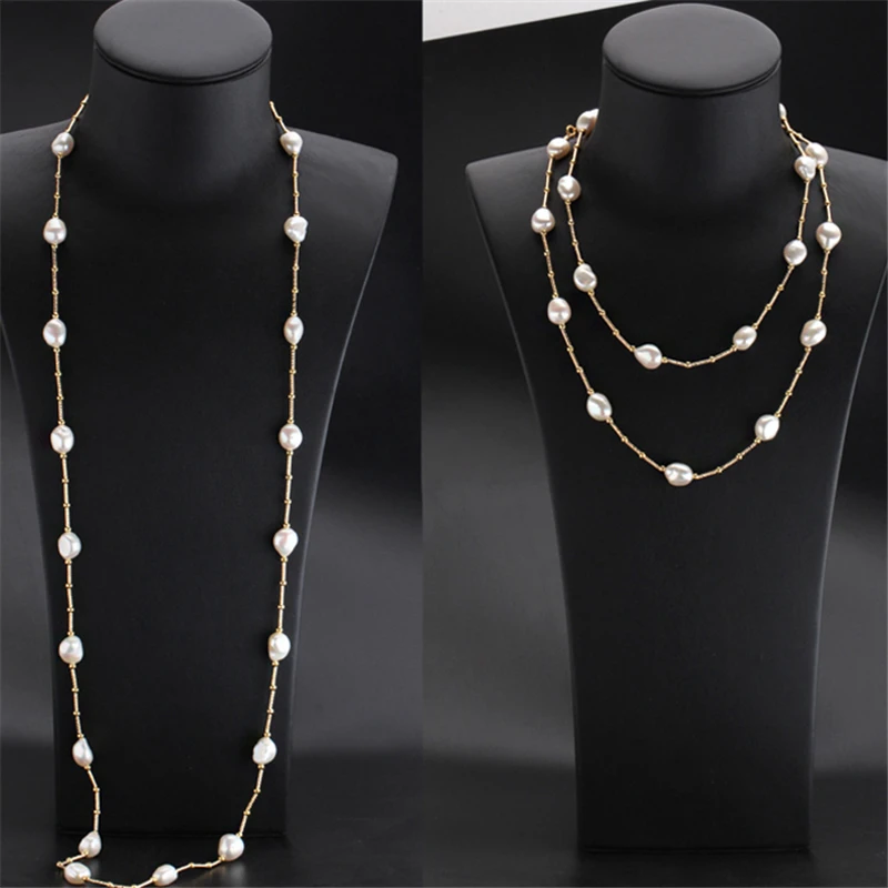 

HABITOO DIY Style Natural 12-13MM White Baroque Freshwater Pearl Golden Thread Chain Necklace Long 40 Inch Jewelry Charming Gift