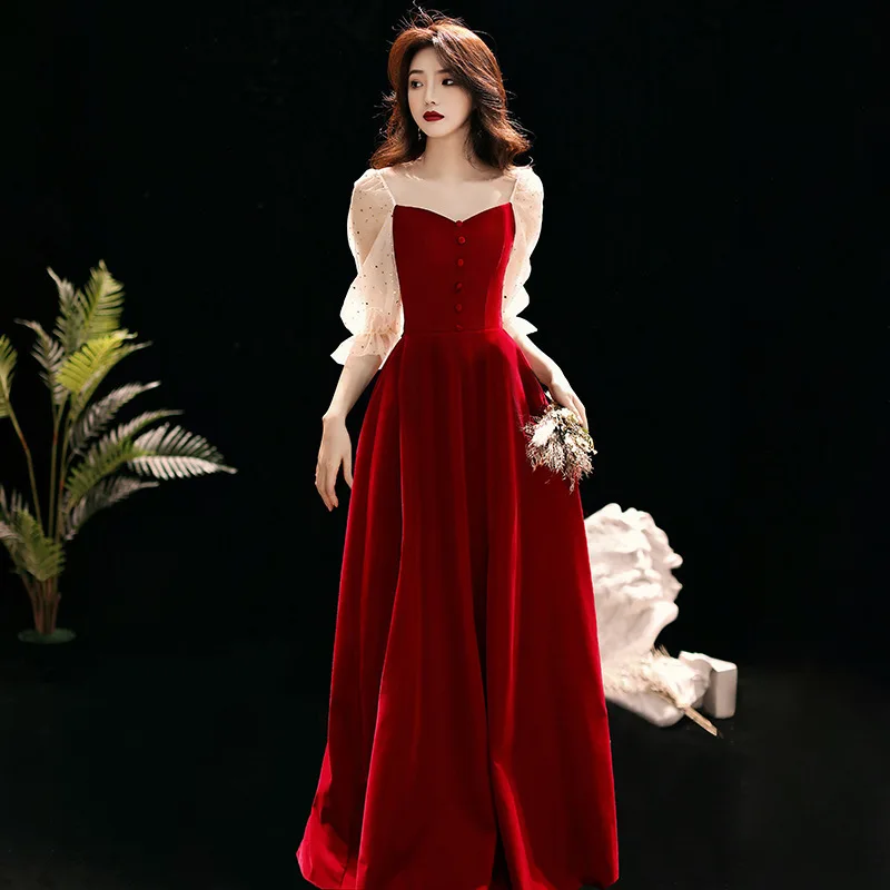 Burgundy Velour Toast Dresses 2020 A-Line Temperament Evening Gown Formal Dress Vestido de Festa