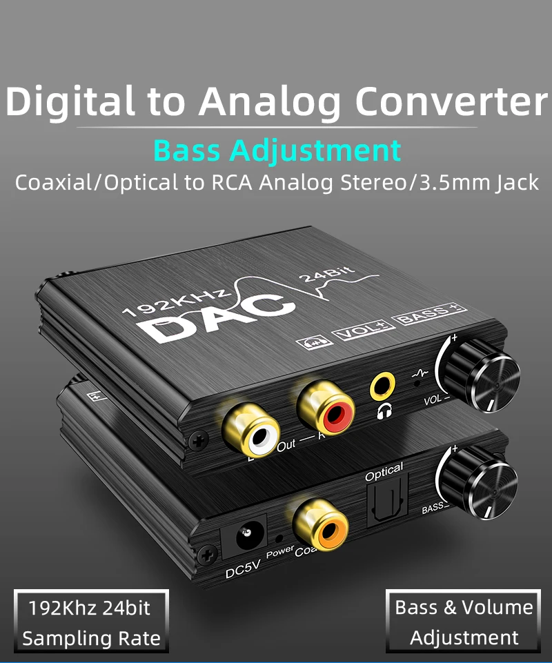 

24bit DAC Digital To Analog R/L Audio Converter Optical Toslink SPDIF Coaxial to RCA 3.5mm Jack Adapter Support PCM /LPCM