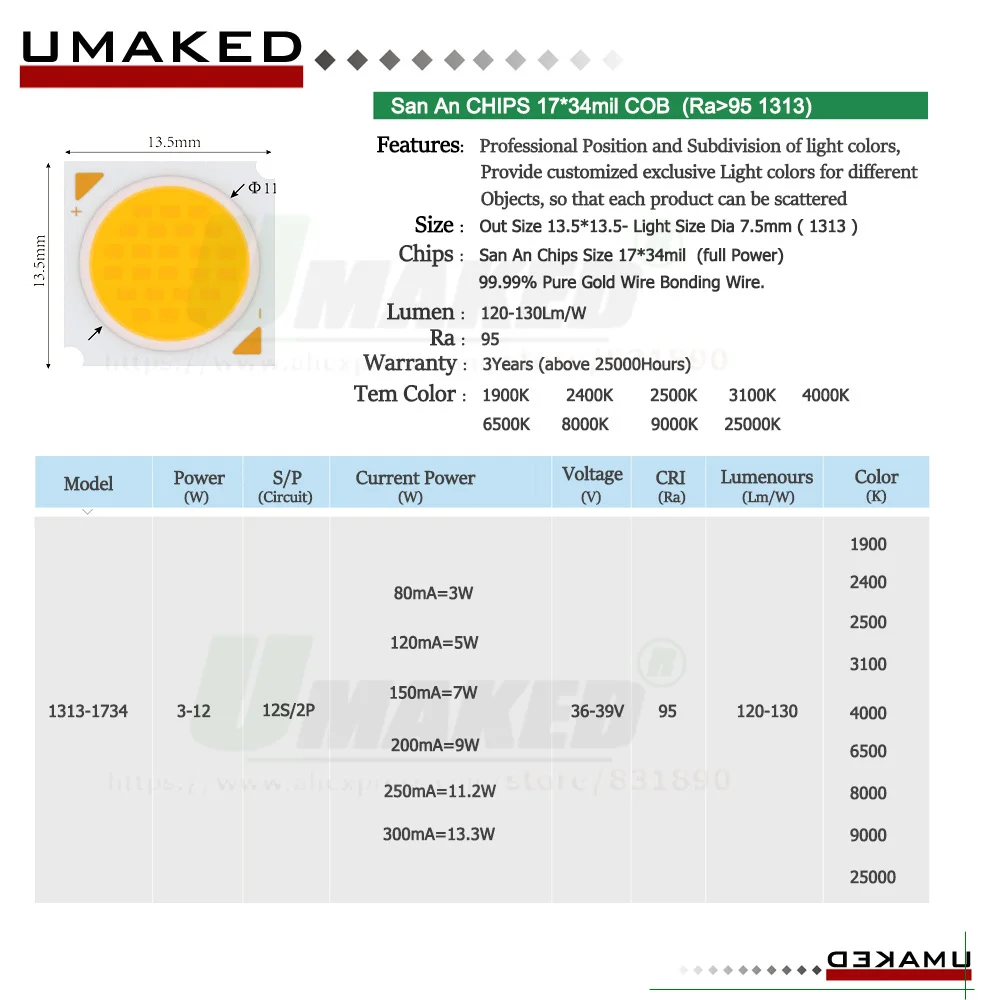 Colorfull LED COB 3-12W 20-38W Ra95 36V 130LM/W 1313 1919 Red Green Blue Purple Rose Red Light Green 7 Kinds Lighting Source