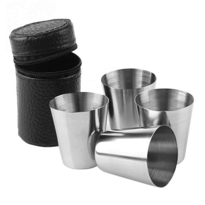 4 pz/lotto 30ml da campeggio all'aperto stoviglie tazze da viaggio Set Picnic forniture in acciaio inox vino birra tazza whisky tazze cuoio dell'unità di elaborazione