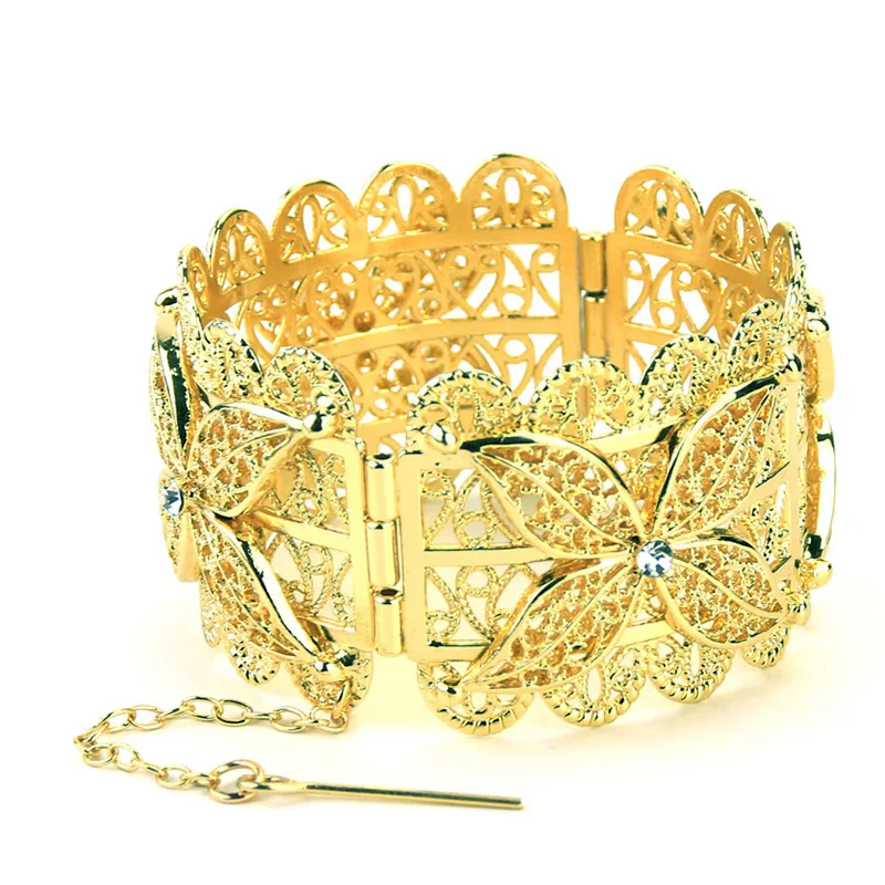 Sunspicems Algeria Metal Flower Bangle Cuff Bracelet for Women Gold Color African Ethnic Wedding Jewelry Morocco Banquet Gift