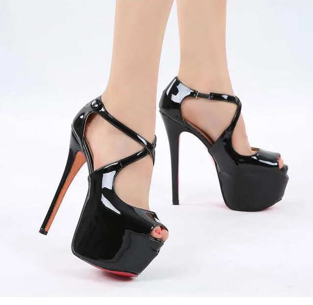 Women Crossed Strap High Platform Pumps Black Nude Leather Super High Heel Ankle Button Peep Toe Party Sandalias Shoes 42