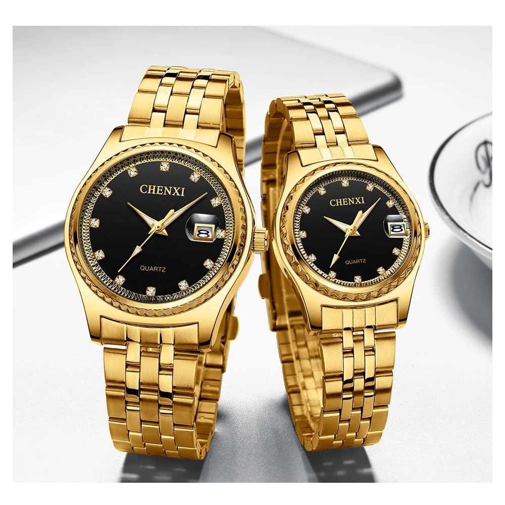 Chenxi marca relógio nova moda masculina feminino ouro quartzo relógio de pulso aço à prova dwaterproof água casais calendário relógios para marido esposa presente