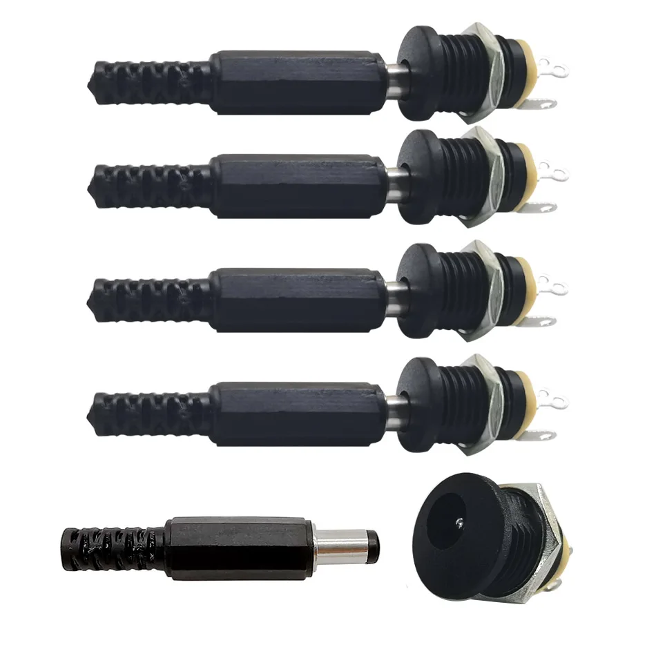 10PCS (5Pairs) DC12V 5.5 x 2.1mm Plastic Male Plugs DC022 DC Power Socket Female Jack Screw Nut Panel Mount Connector