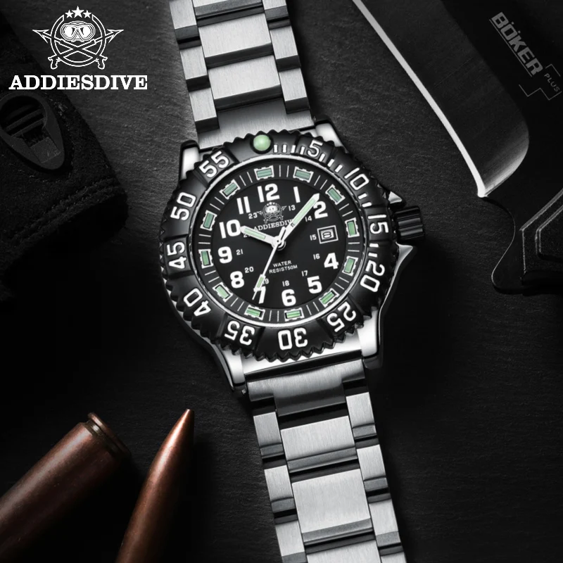 ADDIESDIVE Men's Watch 50m Waterproof Calendar Display reloj hombre Green Tube Luminous High quality luxury Quartz Watches