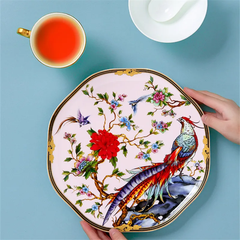 Ceramic Steak Plate & Main Dish Flower Bird Porcelain Kitchen Tableware Wedding & Housewarming Gift 10 Inches Pink/Blue/Green