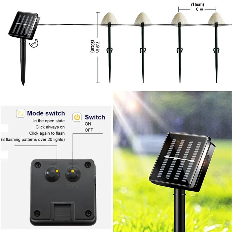 Solar Outdoor Garlands Garden Lighting Decoration Cute Mushroom Fairy Light Garden Patio Pathway Waterproof IP65 20 Mini Lamps