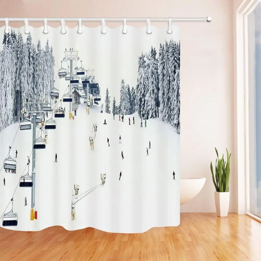 Winter Travel Snow Mountain Skiing Cable Car Polyester Fabric Snow Bath Curtain,Christmas Bathroom Shower Curtains with Hooks