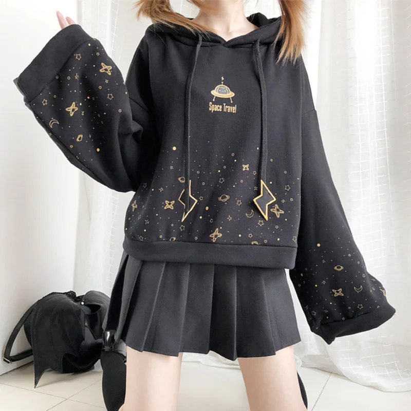 Autumn Women Kawaii Short Hoodie Harajuku Flare Long Sleeve Starry Sky Print Lightning Embroidery Drawstring Hooded Sweatshirt