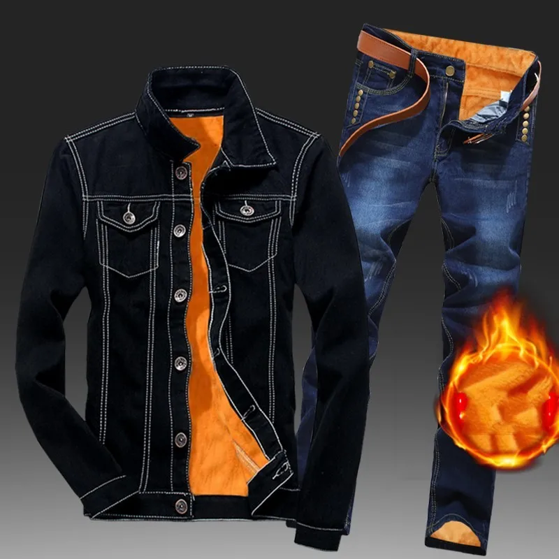 Winter Men Fleece Lining Thick Warm Denim Two Piece Set Slim Fit Cowbody Jacket Jeans Suit Safari Style Cargo Pants Matching Set