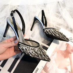 Summer Rhinestone Pearl Beadings Sewed Mesh Lace Back Strap Pumps Woman Pointed Toe Wedding High Heel Banquet Dress Sandalias