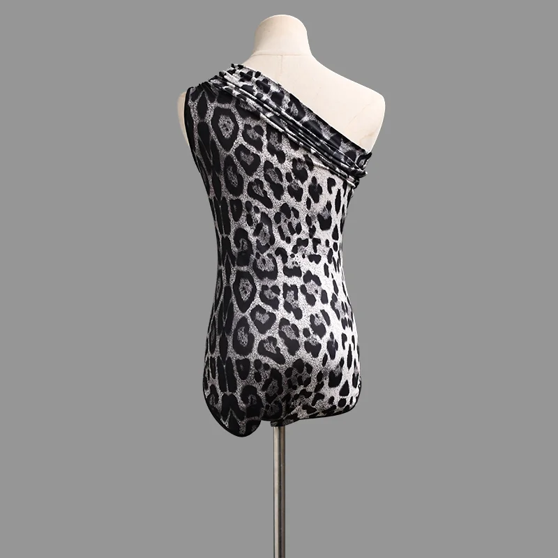 Female Latin Tops Sexy Slanted Shoulder Leopard Bodysuit Ballroom Dance Top Performance Costume Tap Latin Dance Wear Women 897