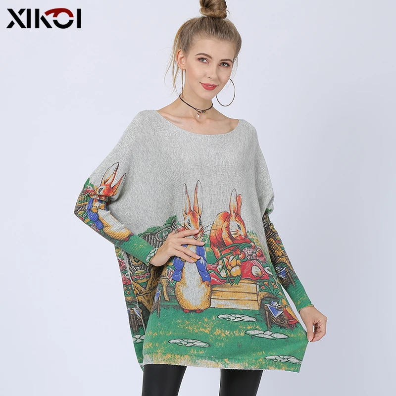 XIKOI Women Cute Rabbit Oversived Knitted Sweater Dress Winter Warm Wool Pullovers Slash Neck Pull Femme Animal Print jumper New