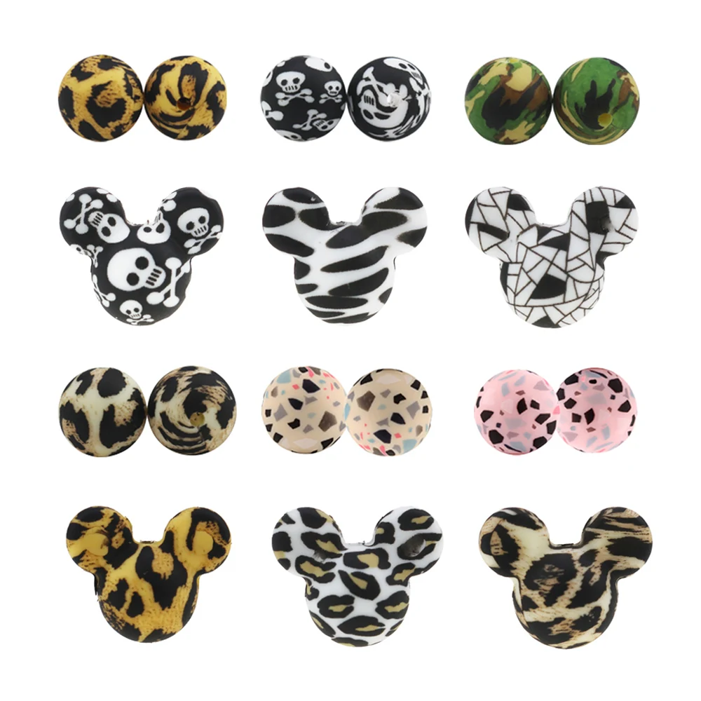 Leopard Print Baby Teething Mickey Beads Teether 50pcs Hexagon Chew Beads Water Printing DIY Pacifier Beads 15mm