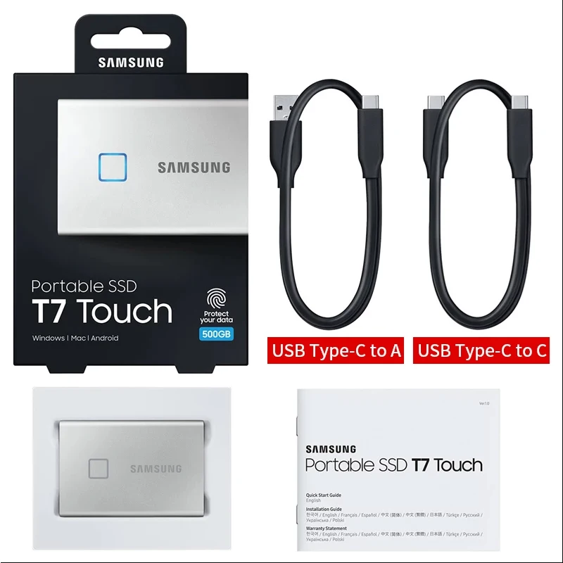 Samsung-T7 Touch SSD Portátil, 500GB, USB 3.2, 1TB, 2TB, Reconhecimento de Impressões Digitais, Desbloqueio, Interface Tipo-C, Unidade de Estado Sólido Externo