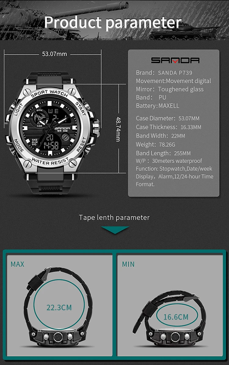 SANDA G Style Men Digital Watch Date Military Sports Watches Waterproof Electronic Wristwatch Mens Clock Orologio Da Uomo 739