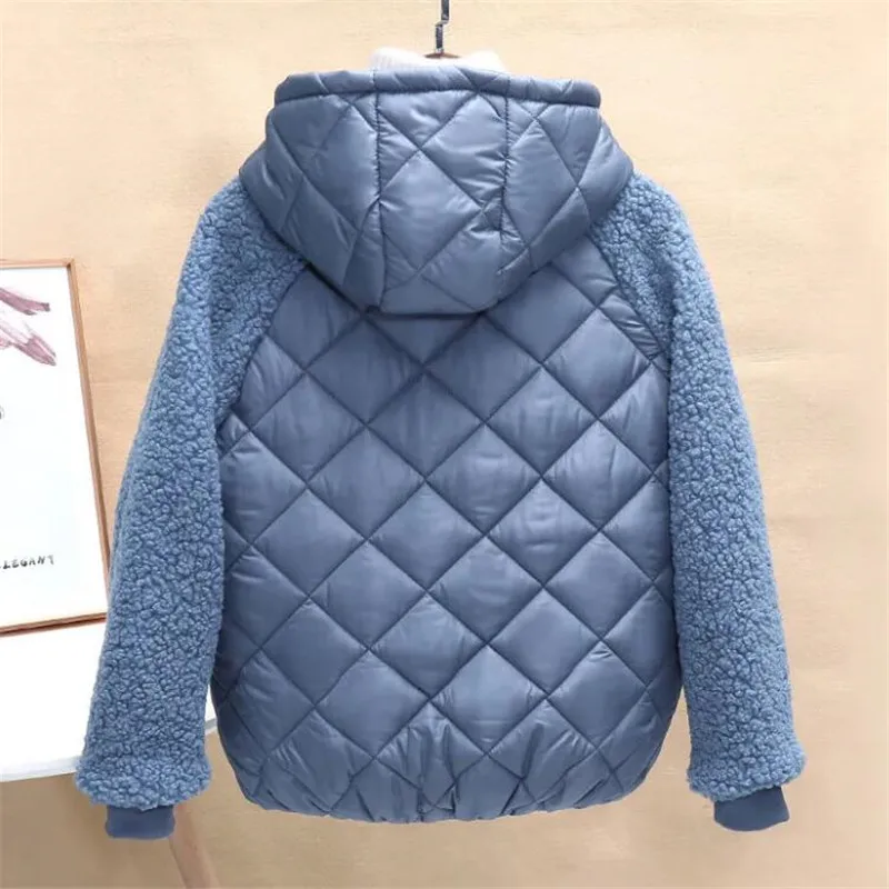 lambswool women\'s jacket short coat winter new hood loose lamb-like wool female cotton coat outwear Lightweight cotton-padded