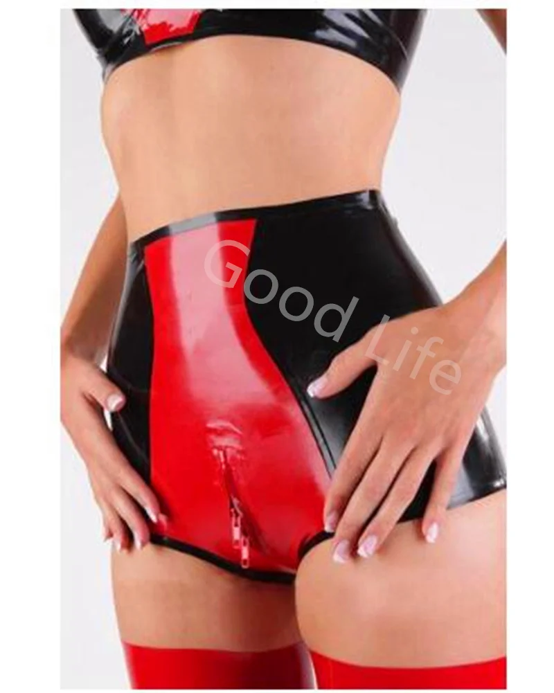 Lencería Sexy para mujer, pantalones cortos de látex, ropa interior exótica de goma, bragas de cintura alta con cremallera en la entrepierna, color negro y rojo