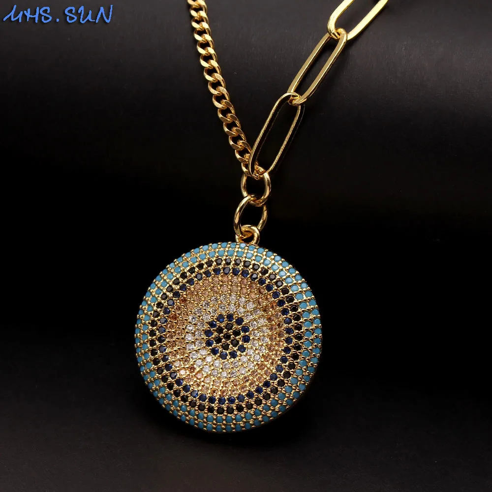 MHS.SUN Mosaic Round Cubic Zirconia Pendant Necklace Fashion Women Chain Chokers Hiphop Copper Jewelry Men Gifts For Party 1PC