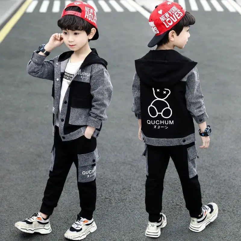 Boys Clothing Sets For Spring & Autumn 2024 New Fashion Hooded Patchwork Jackets With Trousers Two Pieces Suit Handsome Clothes