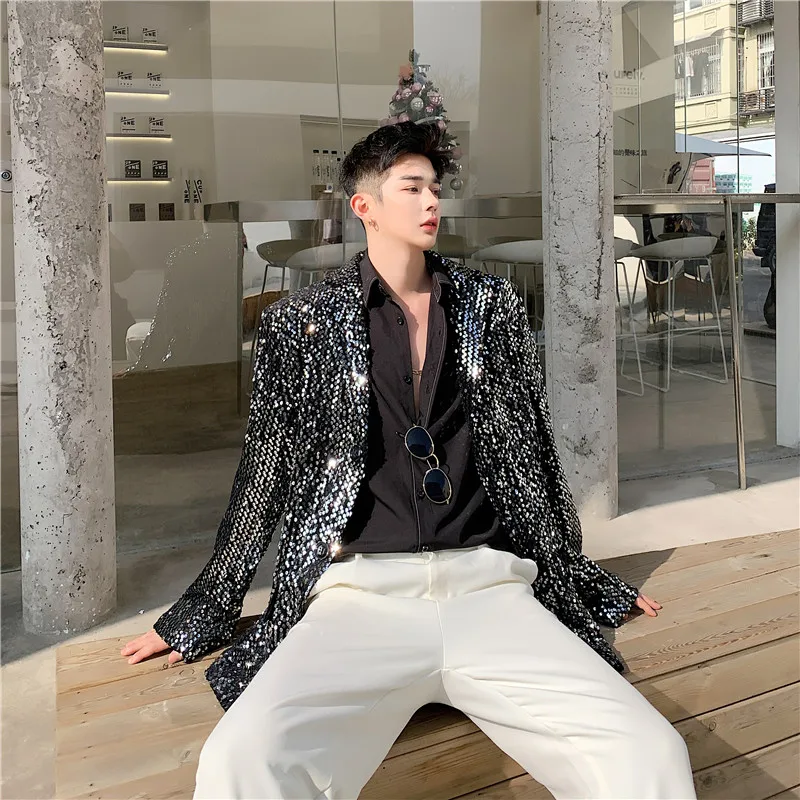 Tide Men Fashion Sequin Blazer Glitter Black Sequins Casual Loose Coat Evening Party Nightclub Male Singer Performance Overcoat