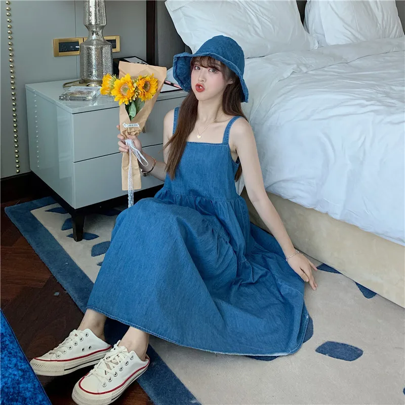 Korean-Stil Vintage Kühle Zip Denim Plissee Erweiterbar-Stil Alle-spiel Student Sleeveless Latzhose Kleid Sommer Lolita kleid