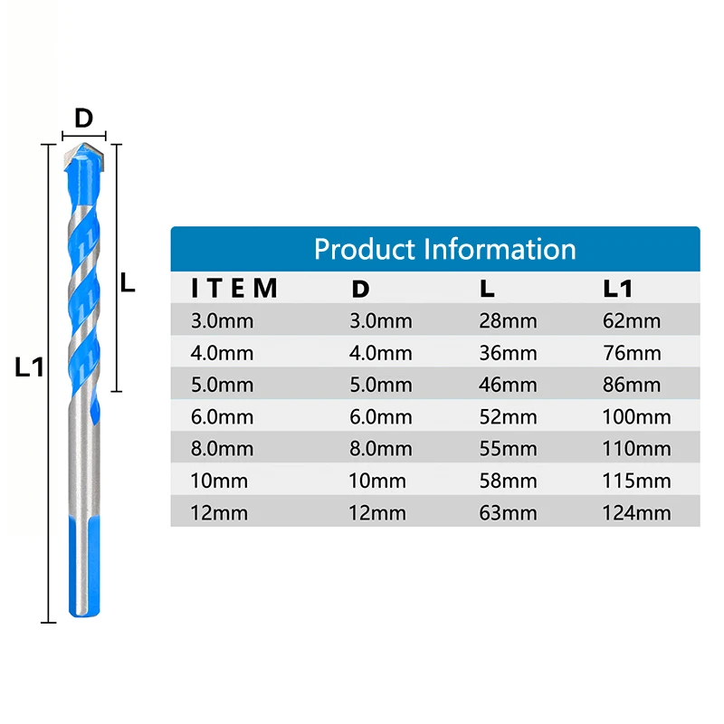 XCAN Glass Drill Bit 3-12mm Triangle Bit for Ceramic Tile Concrete Brick Wood Drilling Power Tool Accessories Drill Bit