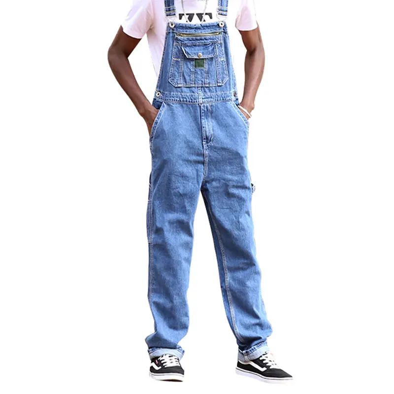 

American Loose Jeans Men Overalls Bib Denim Jumpsuits Pocket With Zipper Workwear Straight Wide Leg Pants Blue Trousers Size 50