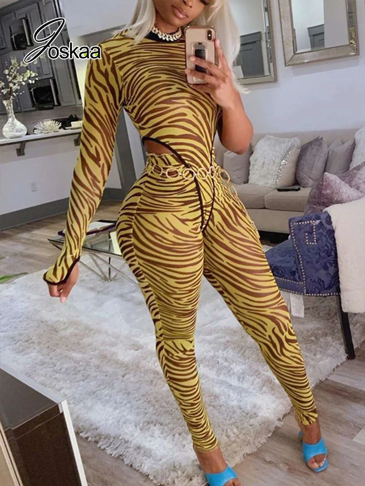 Joskaa-bodysuit com um ombro e calças compridas para mulheres, estampa zebra, patchwork de malha sexy see through outwear, férias de verão, conjunto de 2 peças