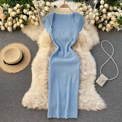 Croysier Spring Summer Short Cap Sleeve Knitted Sexy Bodycon Dress Back Slit Square Neck Casual Vintage Elegant Midi Dress Women