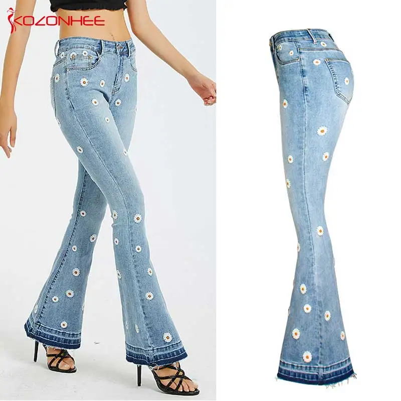 Embroidery Low Waist Elastic Flare Jeans Women Retro Style Bell Bottom Skinny Jeans Female  Blue Wide Leg Denim Pants Plus Size