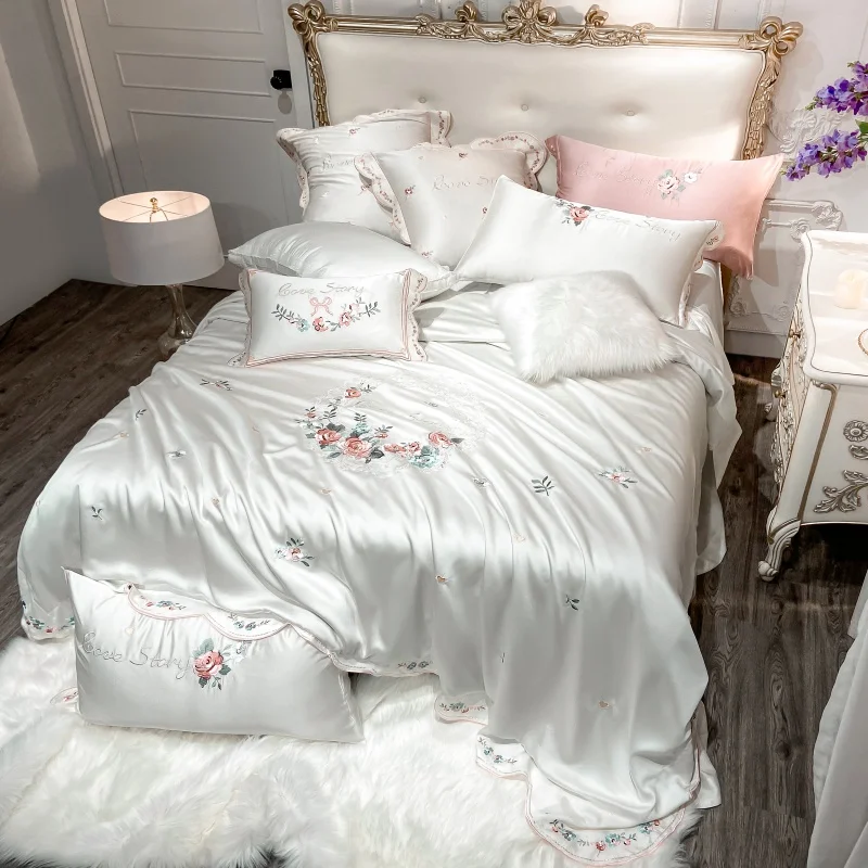 Luxury White Pastoral Flower Embroidery Lyocell Eucalyptus Fiber Bedding Set, Queen, King Duvet Cover, Bed Sheet, Pillowcases