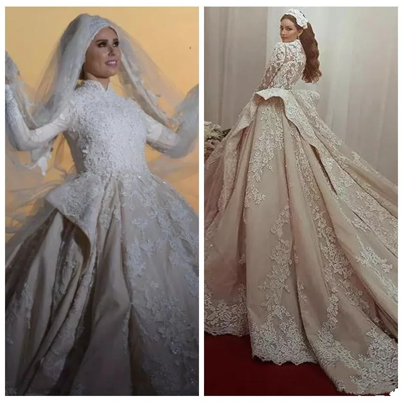 High Neck Muslim Saudi Arabia Wedding Dresses Bridal Gowns Custom Made Lace Appliques Long Sleeves Chapel Vestidos De Mariage