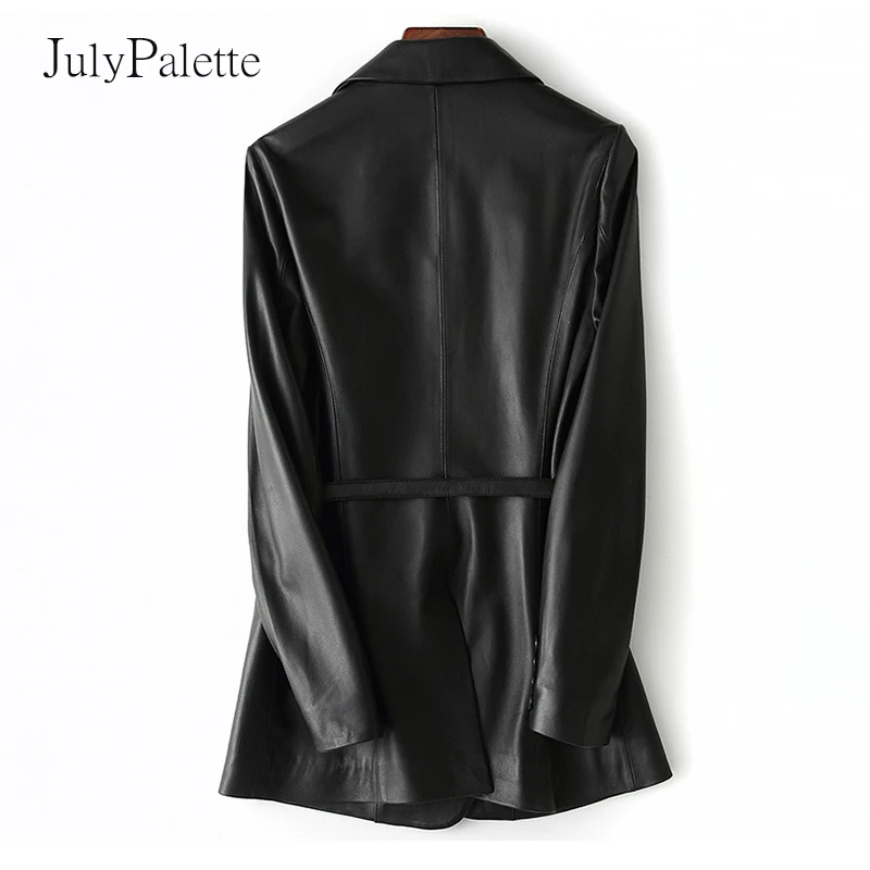 Julypalette 2022 Spring Genuine Leather Jacket Fashion Double-breasted Blazer Jacket With Belt Black Sheepskin Women Coats M-3XL