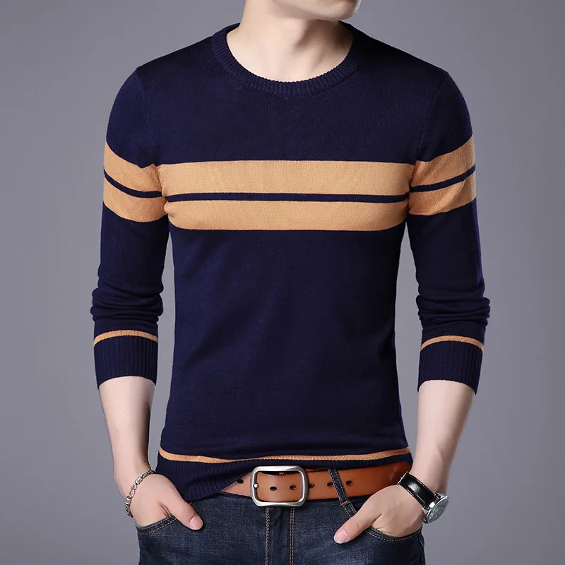 New Autumn Men\'s Knitted Sweater Pullovers Slim O Neck Long Sleeve Pullover Stripe Patchwork Pullover Casual Bottoming Sweaters