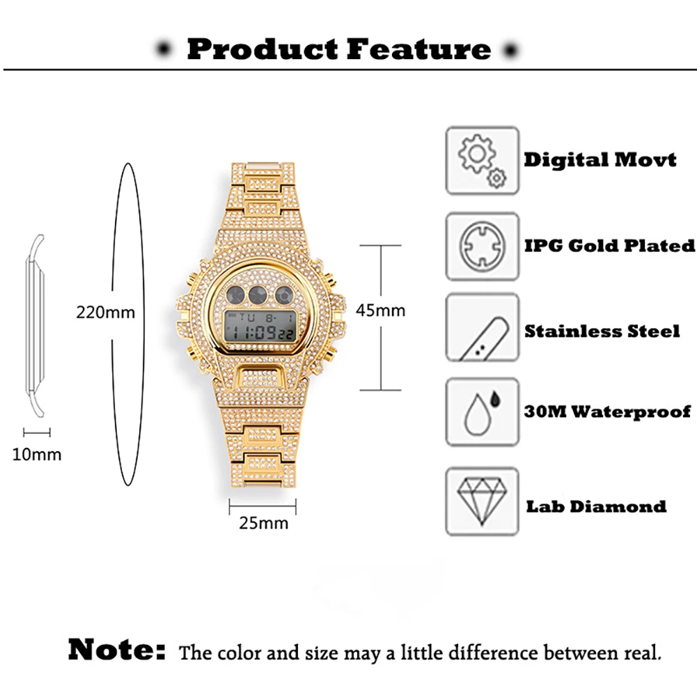 ALLICEONYOU New Fashion Digital Movt Watch Iced Out Micro Pave Cubic Zirconia Watch Hip Hop Stainless Steel Jewelry For Gift