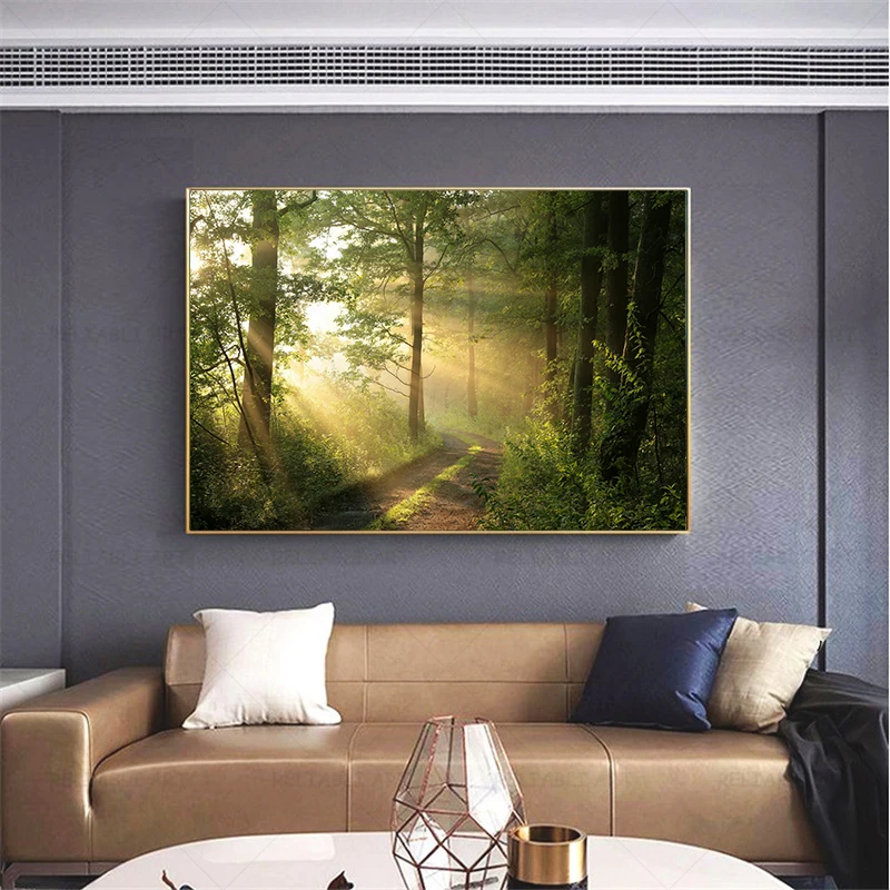 Sunshine Canvas Painting Path in the Green Forest Picture Wall Art Oil Painting Landscape Posters Prints for Living Room Decor