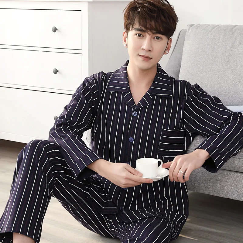 Spring 100%Cotton Men Pajamas Set Striped Pijamas Long Sleeve Turn-down Collar Men Sleepwear 3XL Male Homewear Clothes