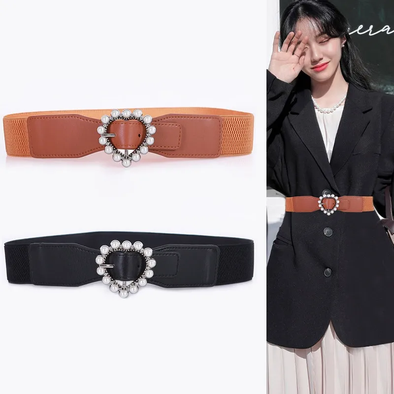 Vintage Silver Pearl Heart Pin Buckle Belts For Women Wide Elastic Waistbands Dress New Black Brown White Cummerbunds Coat Lady