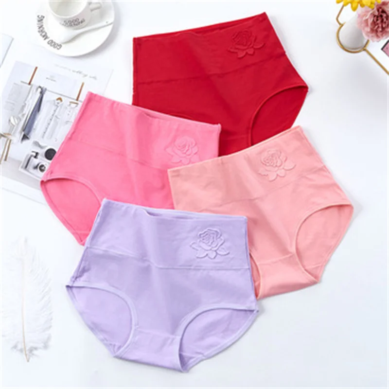 Cotton Women\'s Panties Elastic Soft Large Size 3XL Embossed ROSE Ladies Underwear Breathable Sexy High Waist Briefs Hip Lift