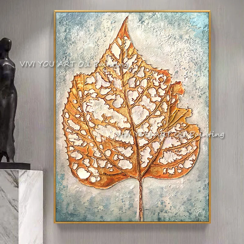 Original Hand Painted Thick Texture Golden Leaf Oil Art, Rustic Botanical Canvas, Handcrafted Modern Farmhouse Wall Decor
